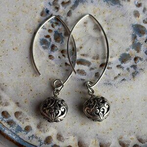 925 Sterling Silver Filigree Teardrop Dangle Earrings Vintage Boho